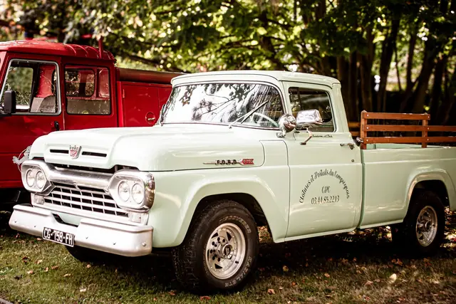 A white and chrome classic Ford F-100 pickup truck parked outdoors